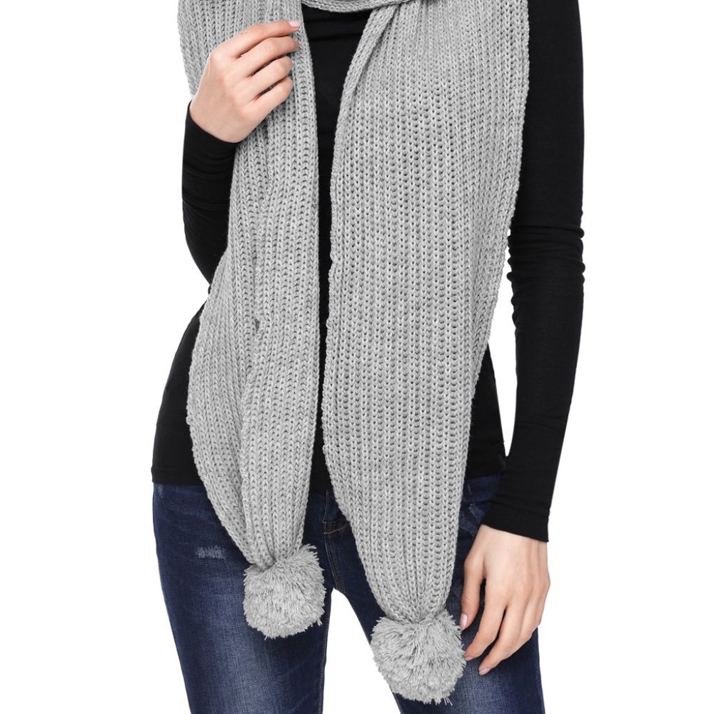 New Gray Pom Pom Ribbed Knit Scarf - Picture 3 of 6